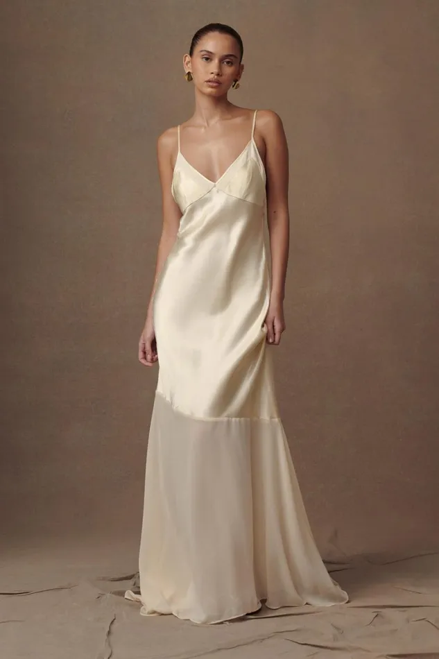 Women Meshki Dresses Evelyn Iridescent Satin Maxi Dress 8211 Lemon Sorbet