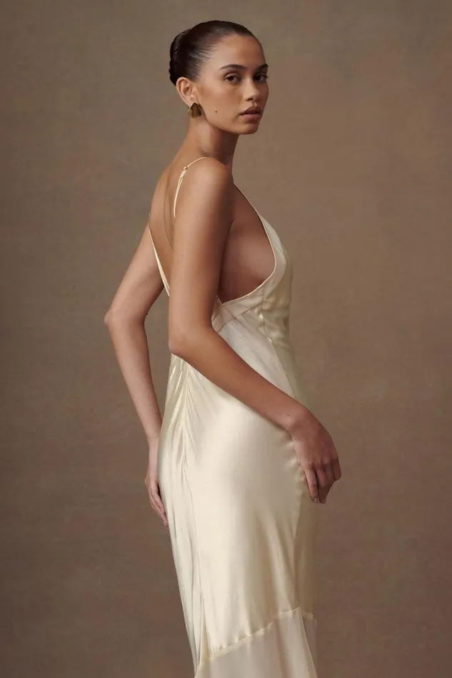 Women Meshki Dresses Evelyn Iridescent Satin Maxi Dress 8211 Lemon Sorbet