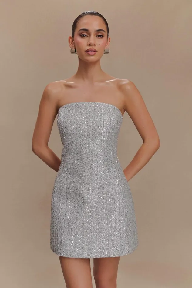 Women Meshki Dresses Gala Strapless Tweed Mini Dress 8211 Silver