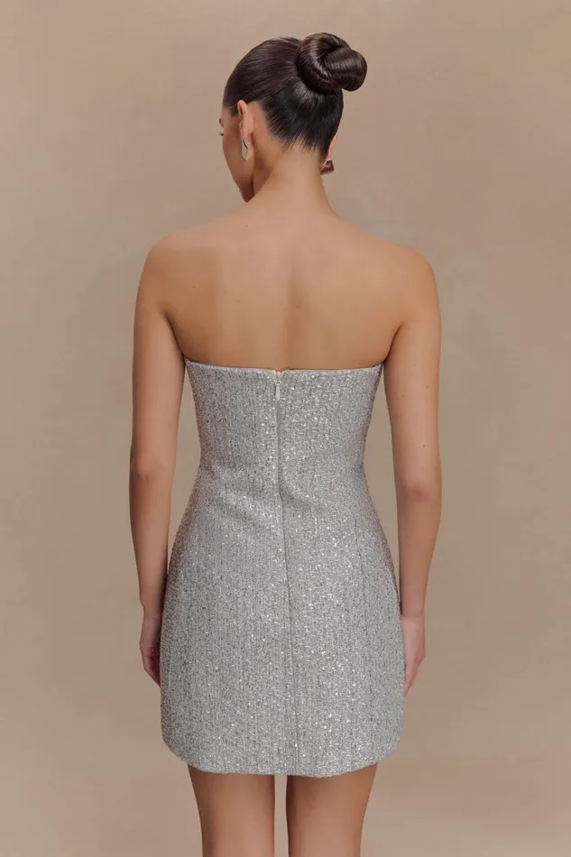 Women Meshki Dresses Gala Strapless Tweed Mini Dress 8211 Silver