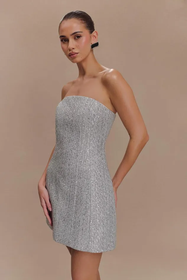 Women Meshki Dresses Gala Strapless Tweed Mini Dress 8211 Silver
