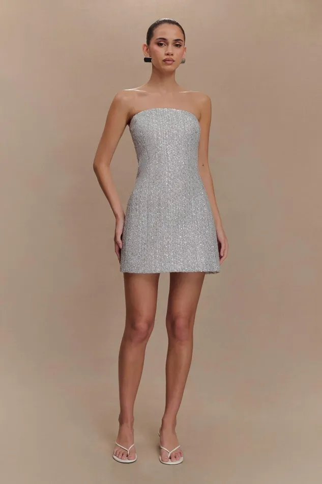 Women Meshki Dresses Gala Strapless Tweed Mini Dress 8211 Silver