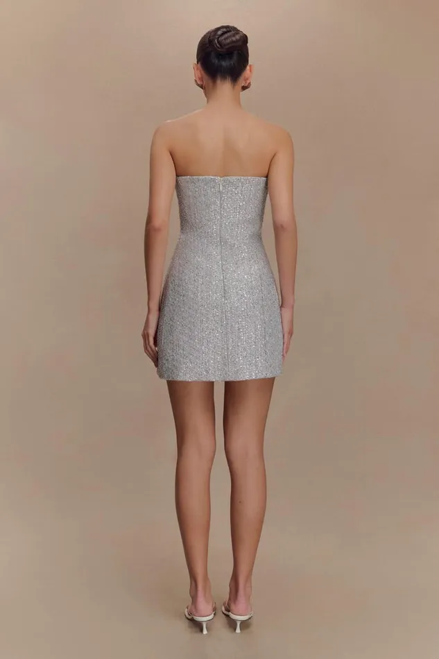 Women Meshki Dresses Gala Strapless Tweed Mini Dress 8211 Silver