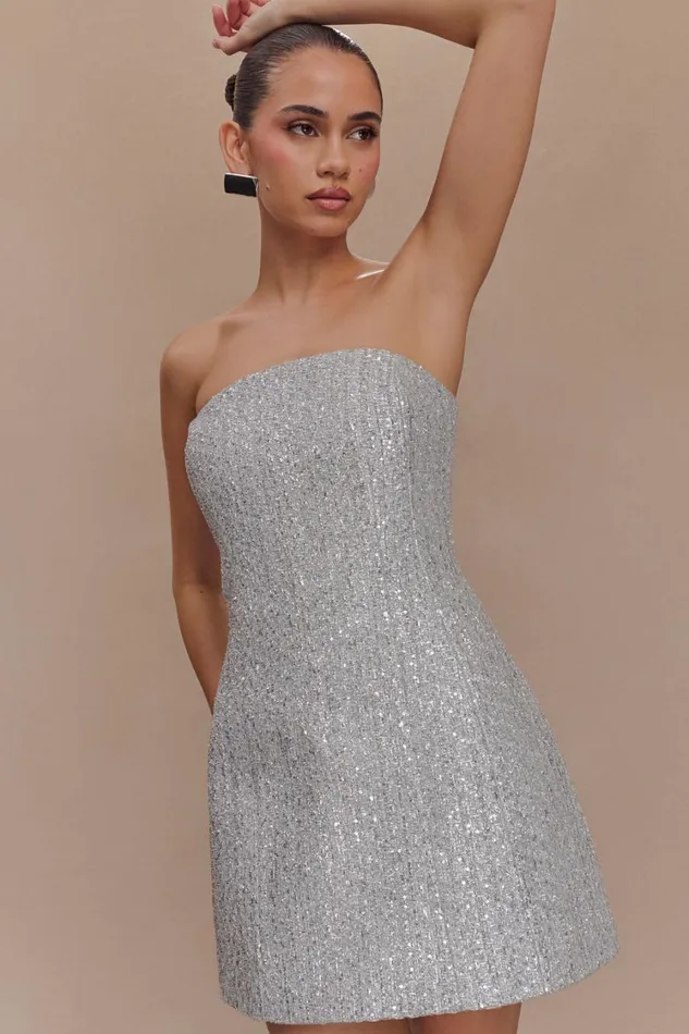 Women Meshki Dresses Gala Strapless Tweed Mini Dress 8211 Silver
