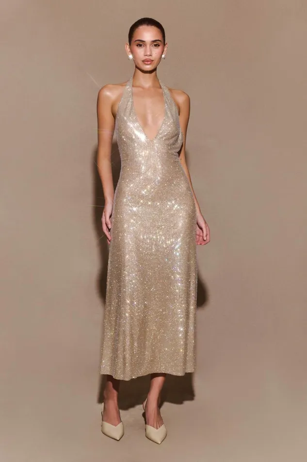 Women Meshki Dresses Genie Diamante Halter Midi Dress 8211 Nude
