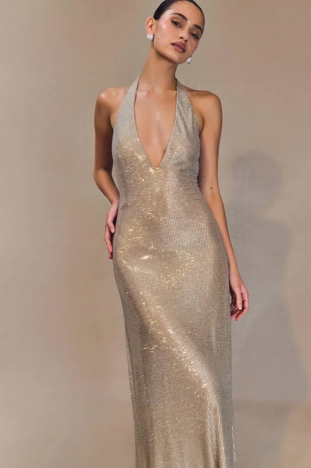 Women Meshki Dresses Genie Diamante Halter Midi Dress 8211 Nude