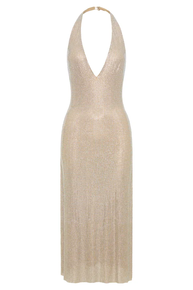 Women Meshki Dresses Genie Diamante Halter Midi Dress 8211 Nude