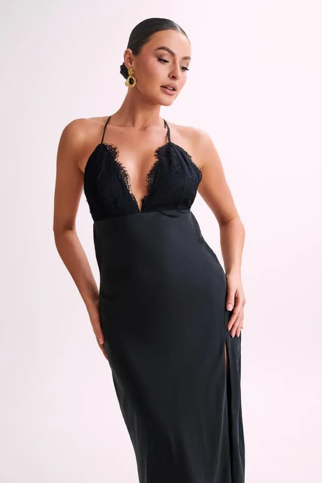Women Meshki Dresses Gina Satin Slip Maxi Dress With Lace 8211 Black