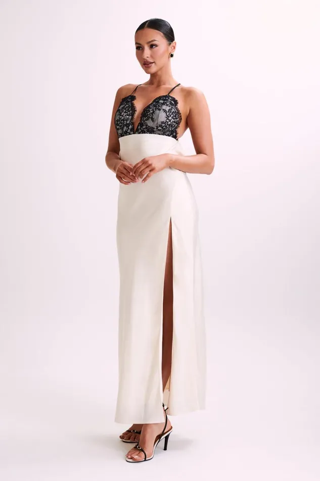 Women Meshki Dresses Gina Satin Slip Maxi Dress With Lace 8211 Ivory