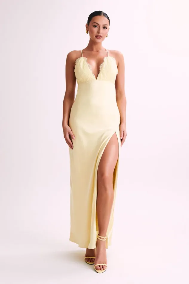 Women Meshki Dresses Gina Satin Slip Maxi Dress With Lace 8211 Lemon