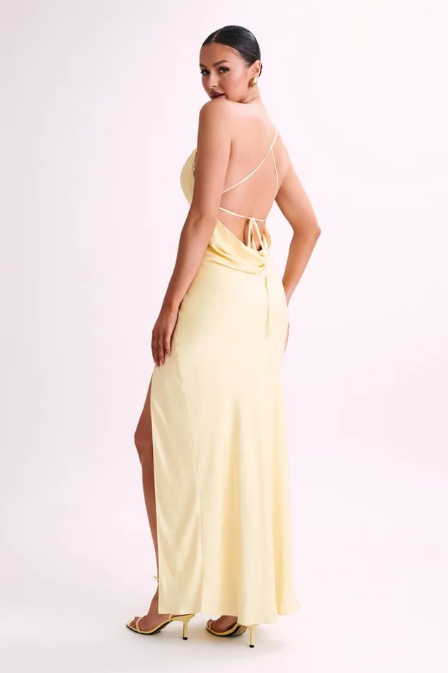 Women Meshki Dresses Gina Satin Slip Maxi Dress With Lace 8211 Lemon