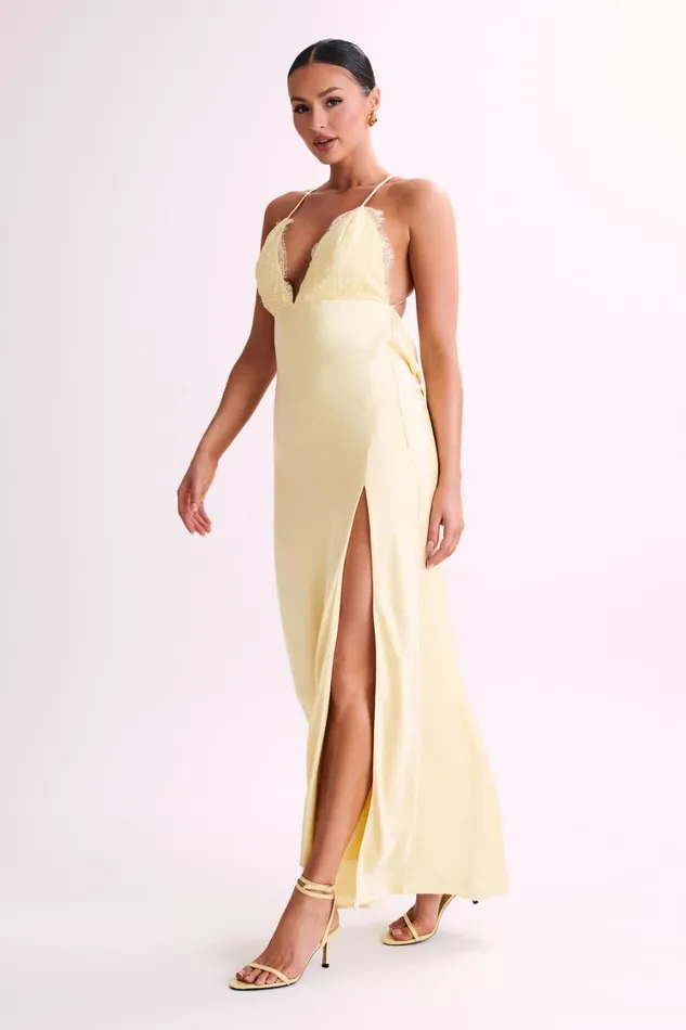 Women Meshki Dresses Gina Satin Slip Maxi Dress With Lace 8211 Lemon