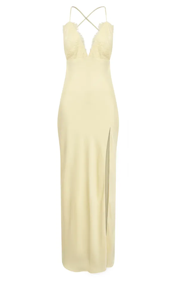 Women Meshki Dresses Gina Satin Slip Maxi Dress With Lace 8211 Lemon