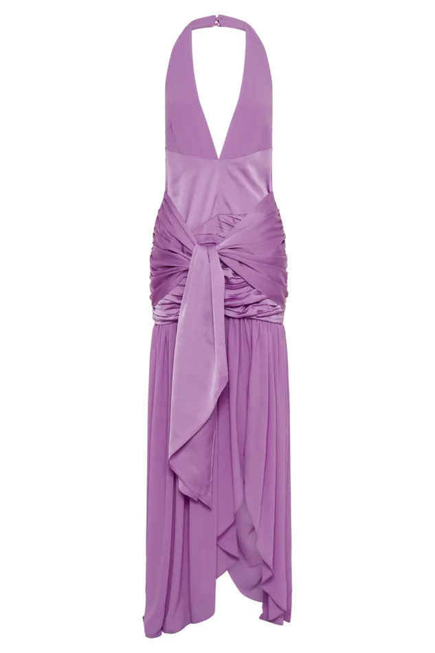 Women Meshki Dresses Graziana Satin Chiffon Plunge Maxi Dress 8211 Violet