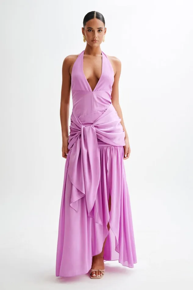 Women Meshki Dresses Graziana Satin Chiffon Plunge Maxi Dress 8211 Violet