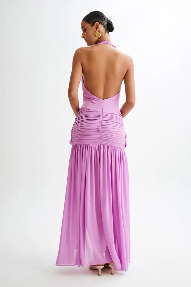 Women Meshki Dresses Graziana Satin Chiffon Plunge Maxi Dress 8211 Violet