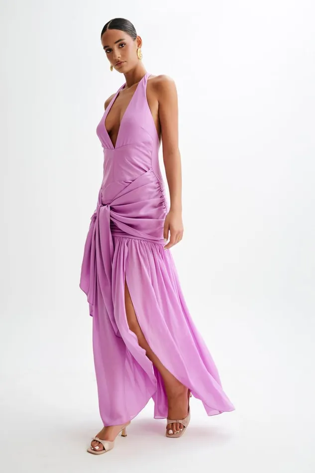 Women Meshki Dresses Graziana Satin Chiffon Plunge Maxi Dress 8211 Violet