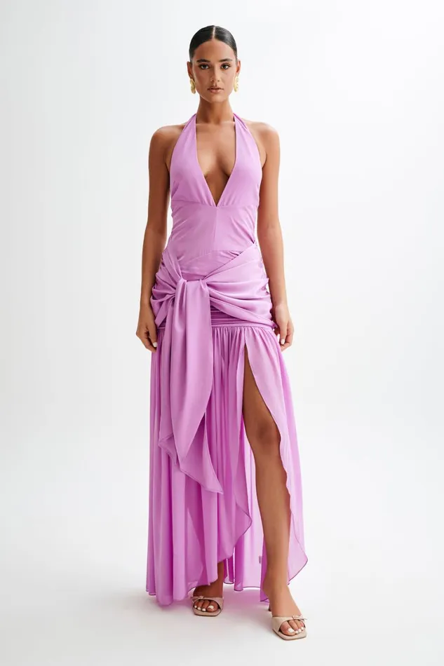 Women Meshki Dresses Graziana Satin Chiffon Plunge Maxi Dress 8211 Violet