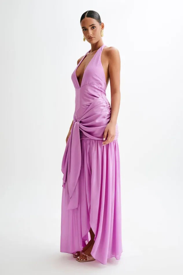 Women Meshki Dresses Graziana Satin Chiffon Plunge Maxi Dress 8211 Violet