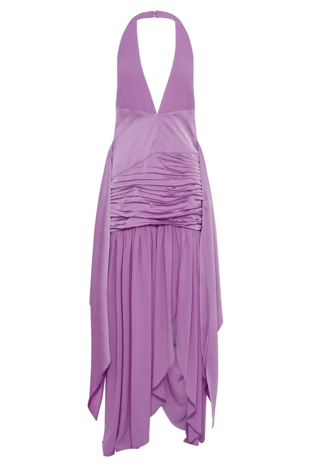 Women Meshki Dresses Graziana Satin Chiffon Plunge Maxi Dress 8211 Violet
