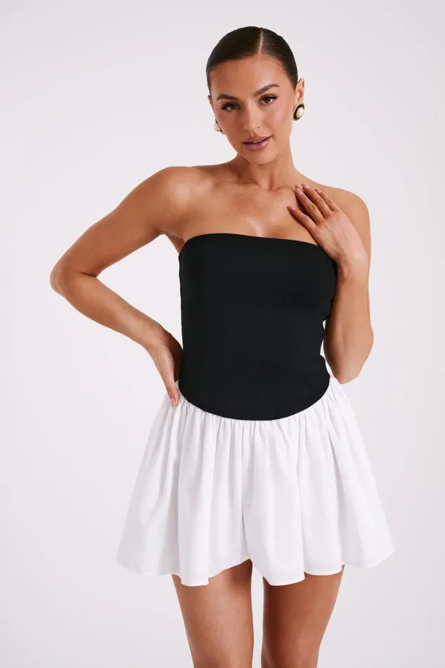 Women Meshki Dresses Hannah Knit And Linen Mini Dress 8211 BlackWhite