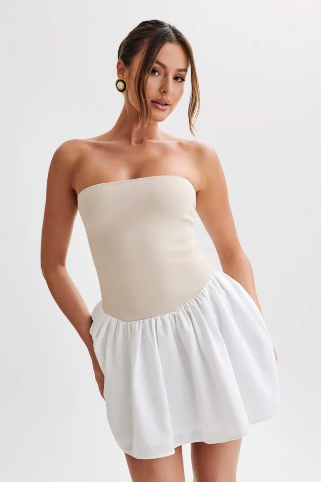 Women Meshki Dresses Hannah Knit And Linen Mini Dress 8211 NaturalWhite