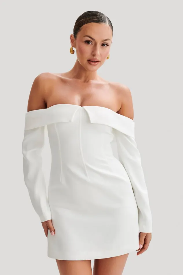 Women Meshki Dresses Hugo Suiting Off Shoulder Mini Dress 8211 Ivory
