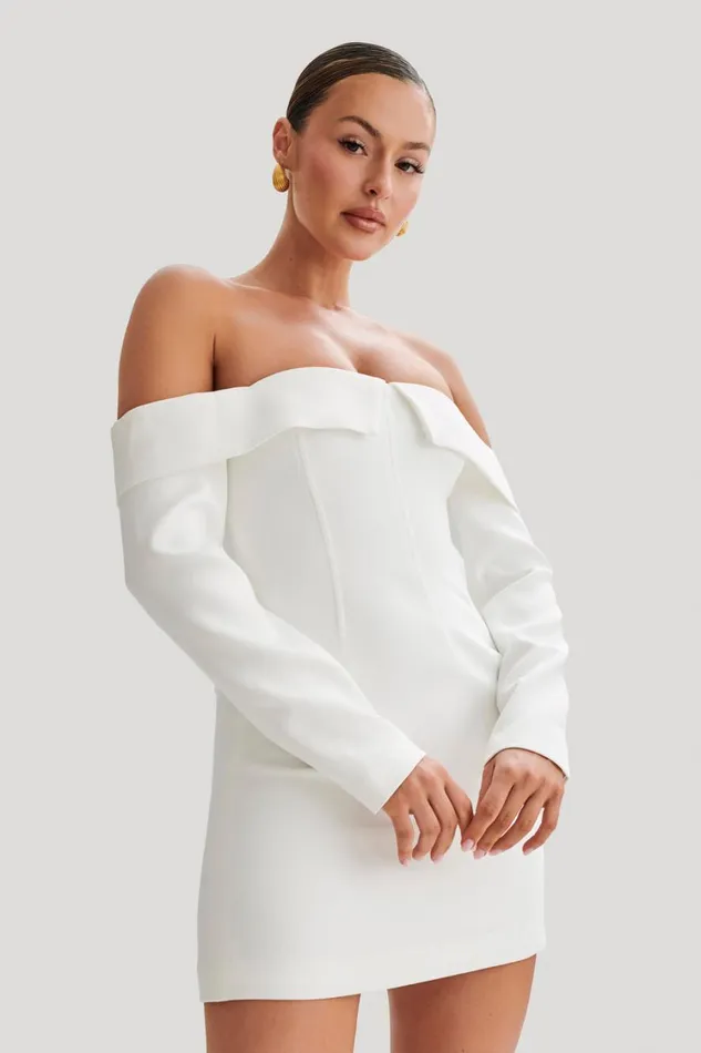 Women Meshki Dresses Hugo Suiting Off Shoulder Mini Dress 8211 Ivory