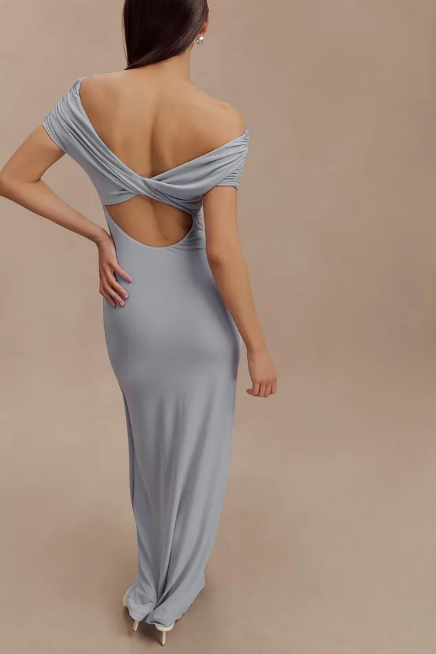 Women Meshki Dresses Imogen Off Shoulder Slinky Maxi Dress 8211 Dusty Blue