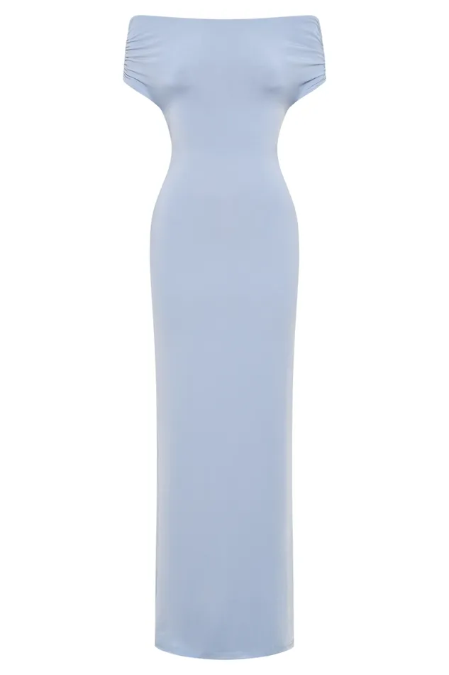 Women Meshki Dresses Imogen Off Shoulder Slinky Maxi Dress 8211 Dusty Blue