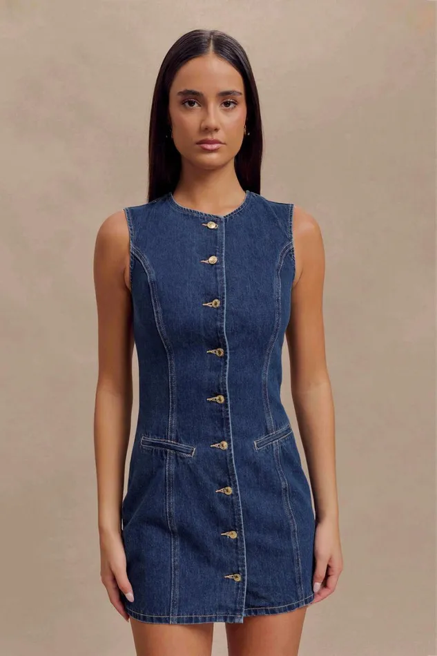 Women Meshki Dresses Jane Button Down Denim Mini Dress 8211 Dark Blue