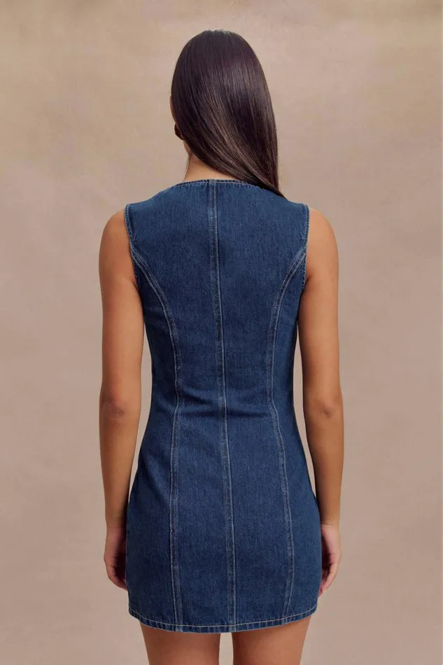 Women Meshki Dresses Jane Button Down Denim Mini Dress 8211 Dark Blue