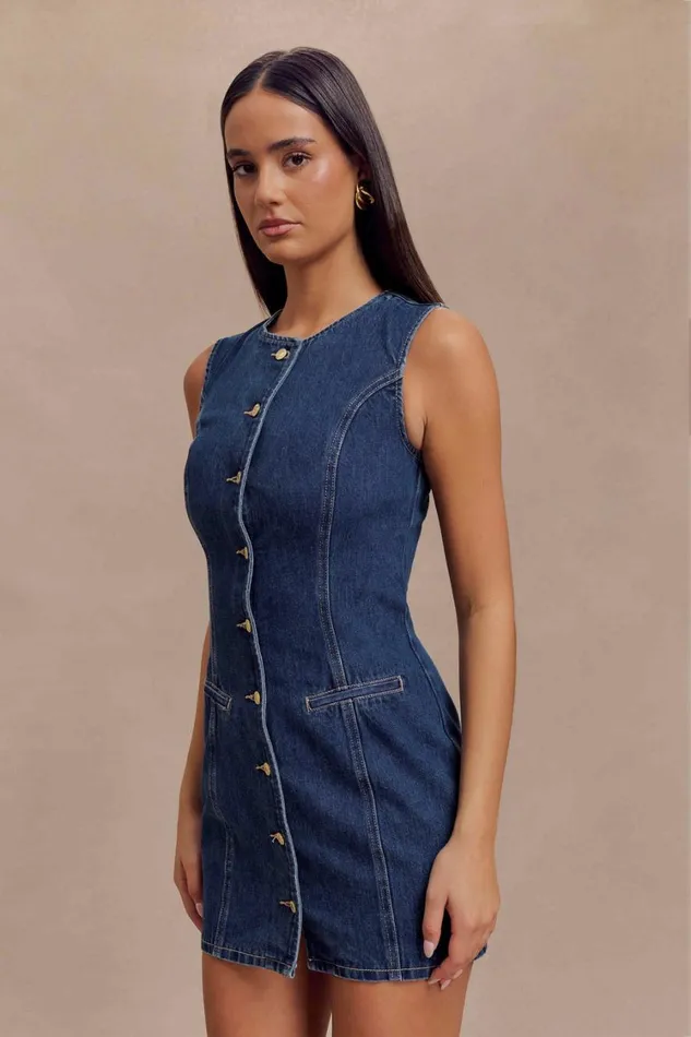 Women Meshki Dresses Jane Button Down Denim Mini Dress 8211 Dark Blue