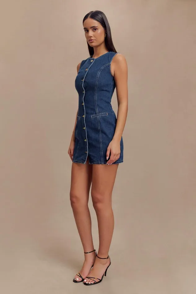 Women Meshki Dresses Jane Button Down Denim Mini Dress 8211 Dark Blue