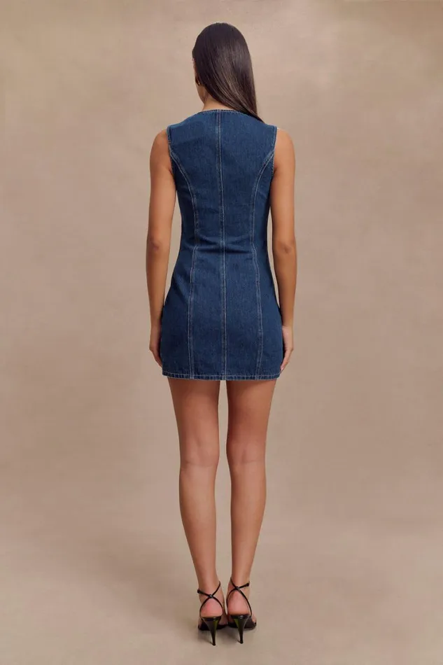 Women Meshki Dresses Jane Button Down Denim Mini Dress 8211 Dark Blue