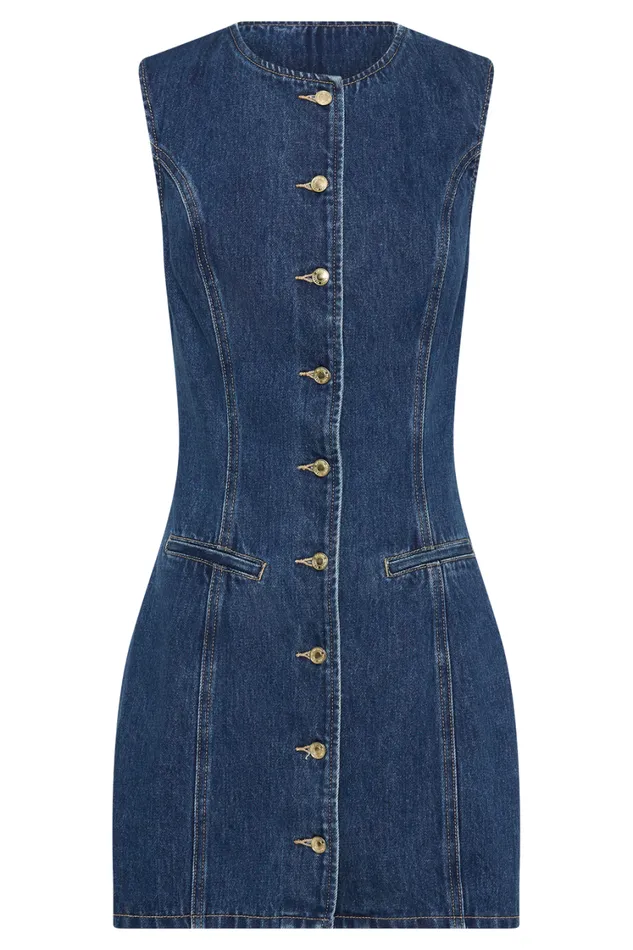 Women Meshki Dresses Jane Button Down Denim Mini Dress 8211 Dark Blue
