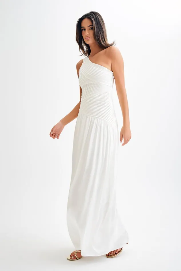 Women Meshki Dresses Jenna One Shoulder Pleated Maxi Dress 8211 Ivory