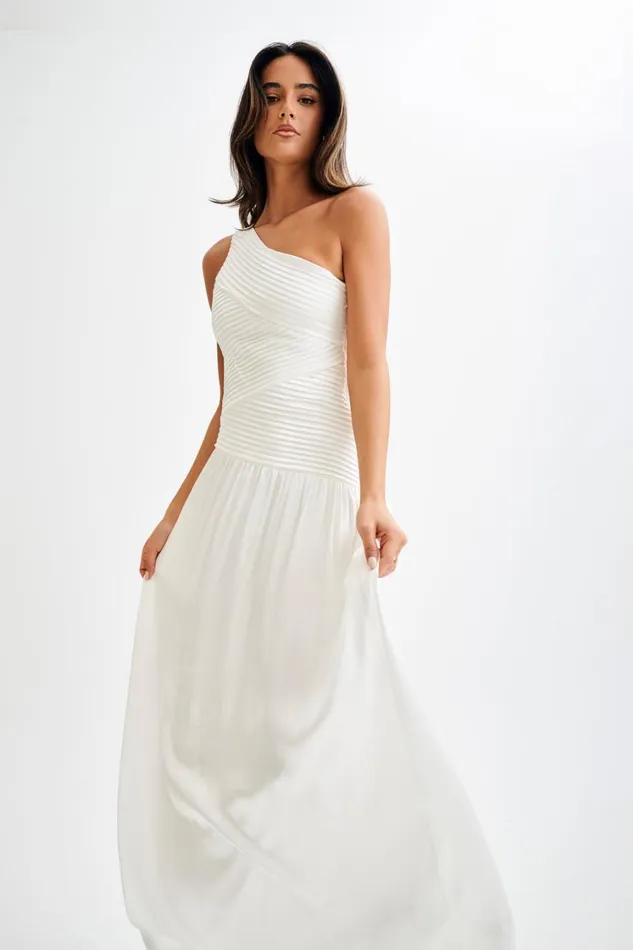 Women Meshki Dresses Jenna One Shoulder Pleated Maxi Dress 8211 Ivory