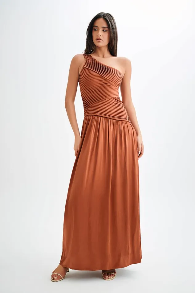 Women Meshki Dresses Jenna One Shoulder Pleated Maxi Dress 8211 Wood