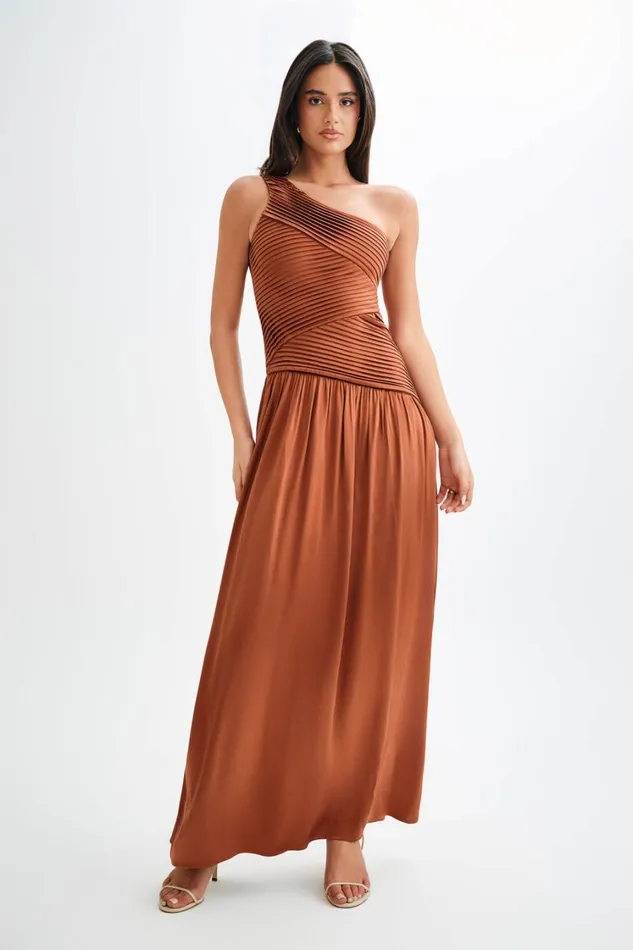 Women Meshki Dresses Jenna One Shoulder Pleated Maxi Dress 8211 Wood