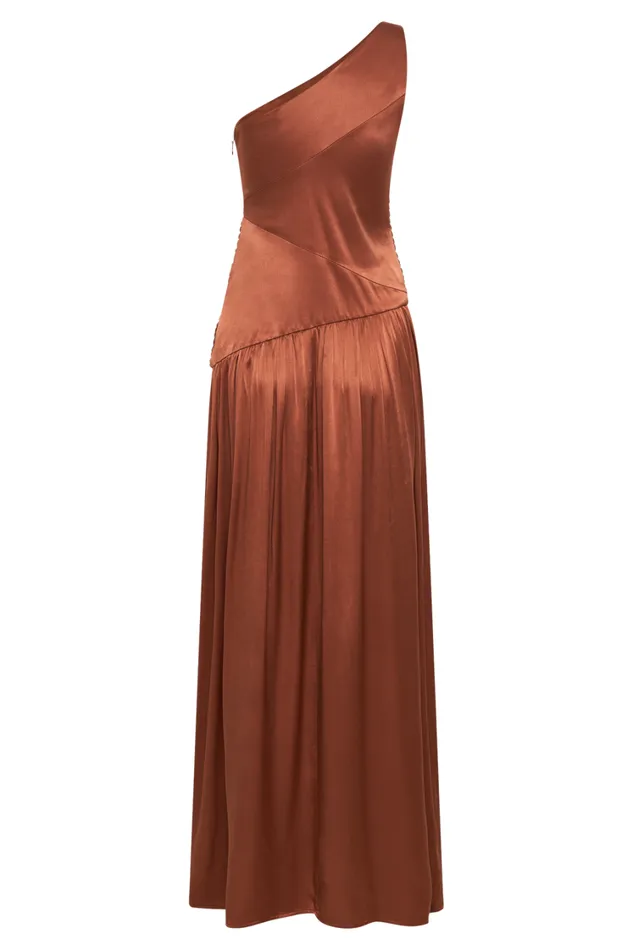Women Meshki Dresses Jenna One Shoulder Pleated Maxi Dress 8211 Wood