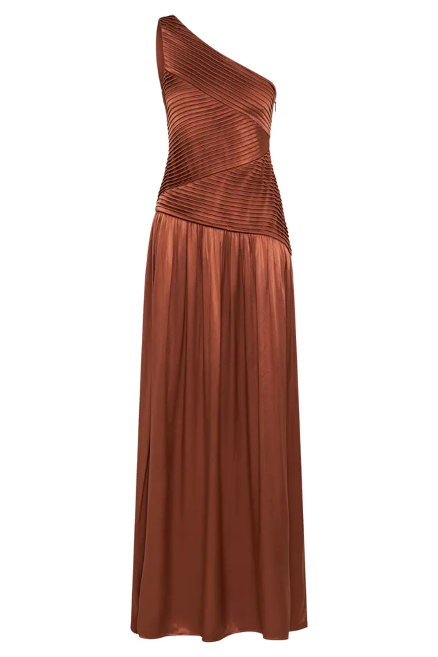 Women Meshki Dresses Jenna One Shoulder Pleated Maxi Dress 8211 Wood