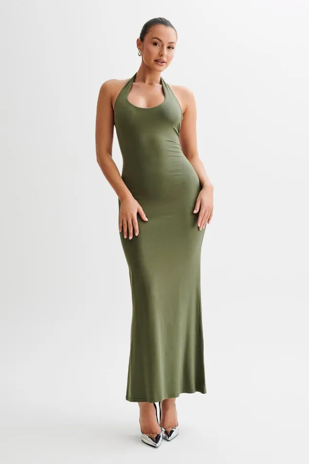 Women Meshki Dresses Jessica Modal Halter Maxi Dress 8211 Military Olive