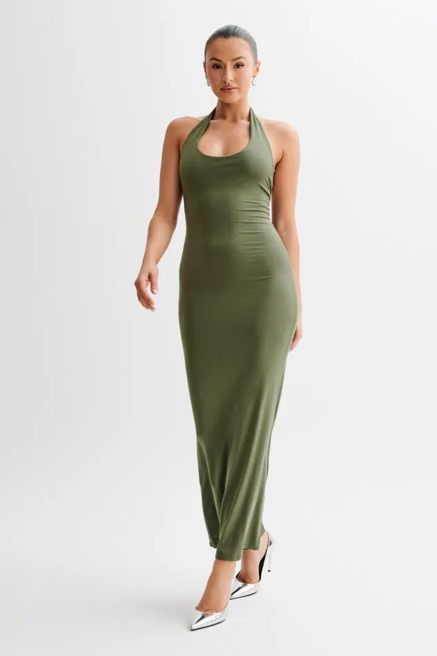 Women Meshki Dresses Jessica Modal Halter Maxi Dress 8211 Military Olive