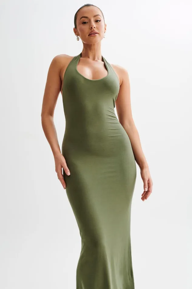 Women Meshki Dresses Jessica Modal Halter Maxi Dress 8211 Military Olive