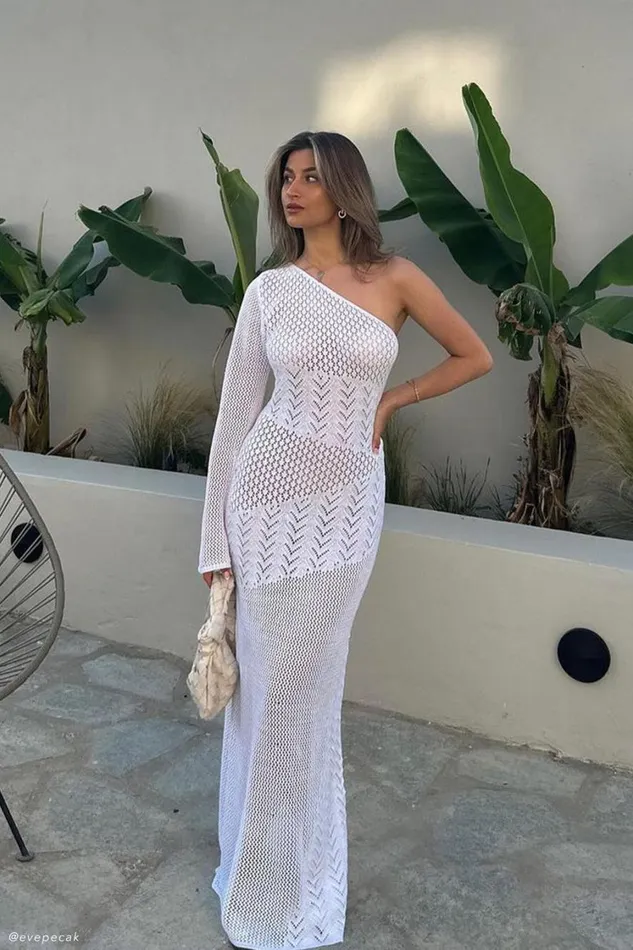 Women Meshki Dresses Jody One Shoulder Mixed Yarn Dress 8211 White
