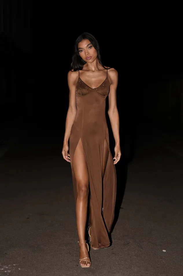 Women Meshki Dresses Jojo Jersey Split Maxi Dress With Diamante 8211 Chocolate