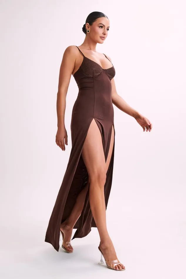 Women Meshki Dresses Jojo Jersey Split Maxi Dress With Diamante 8211 Chocolate