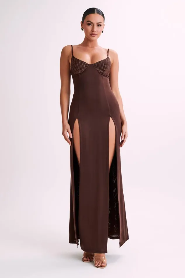 Women Meshki Dresses Jojo Jersey Split Maxi Dress With Diamante 8211 Chocolate
