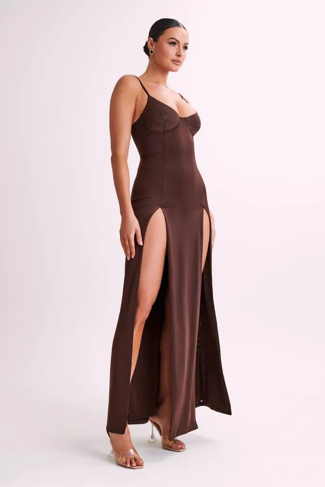 Women Meshki Dresses Jojo Jersey Split Maxi Dress With Diamante 8211 Chocolate